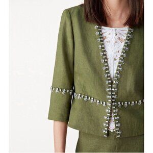 NEW! TORY BURCH Avery Hills Embellished Jacket Linen Blend Green SZ 4